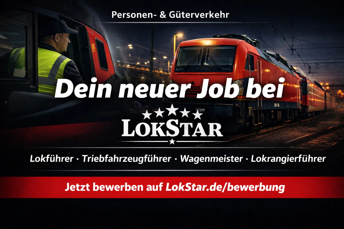KI-generiertes Bild: Dein neuer Job bei LokStar – Lokführer, Triebfahrzeugführer, Wagenmeister, Lokrangierführer. Jetzt bewerben.